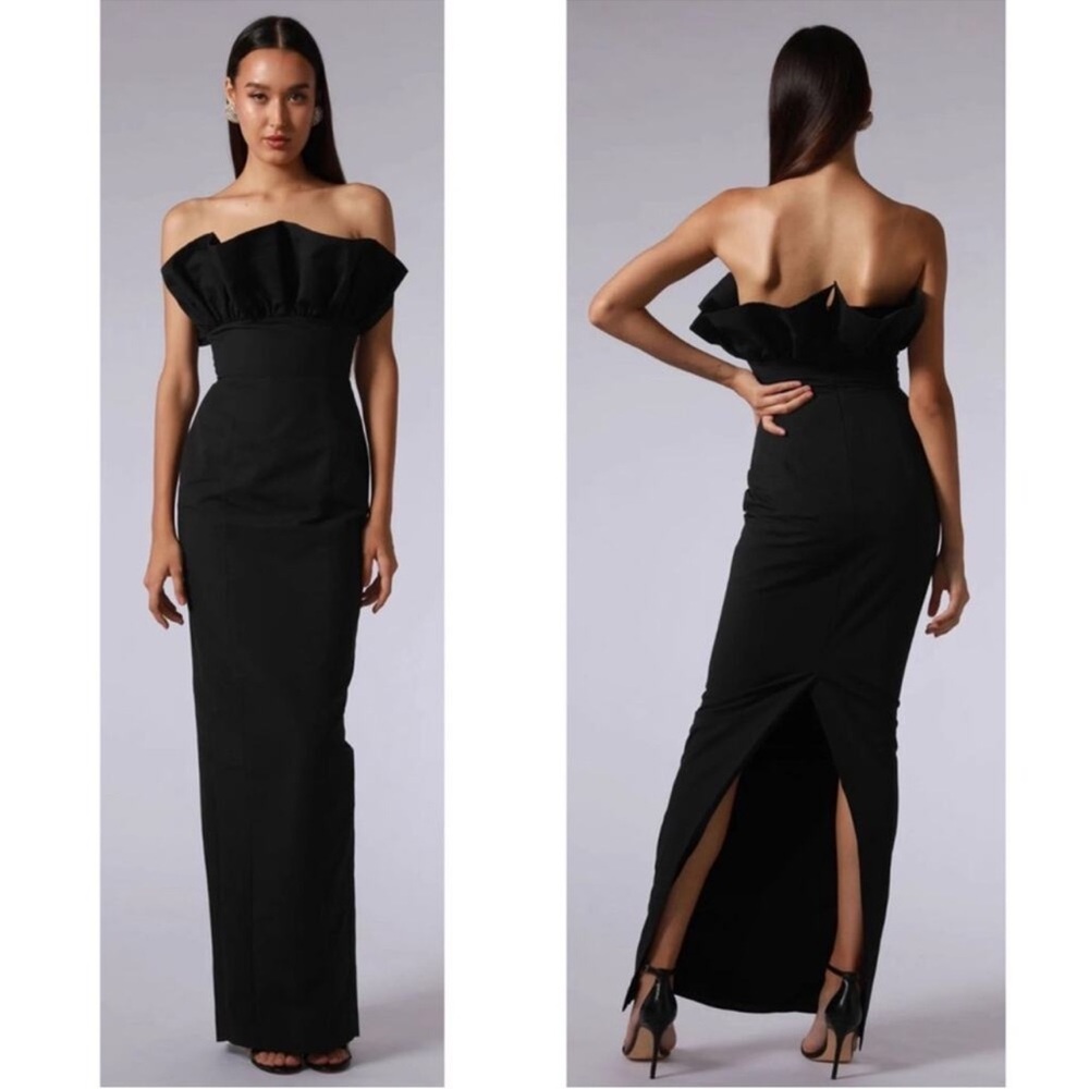 Sau Lee Black Noah Strapless Ruffle Maxi Dress Size 4